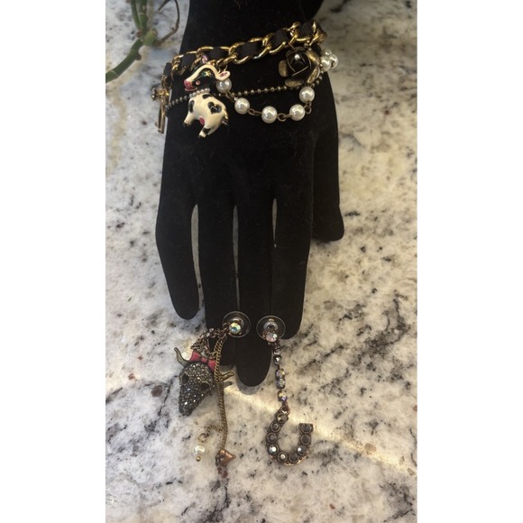 Betsey Johnson Jewelry - Betsey Johnson Vintage Lady Luck Cow Head Skull Horseshoe Earrings & bracelet